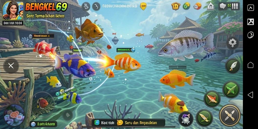 Tangkapan layar gameplay BENGKEL69 menampilkan aksi seru menembak ikan.