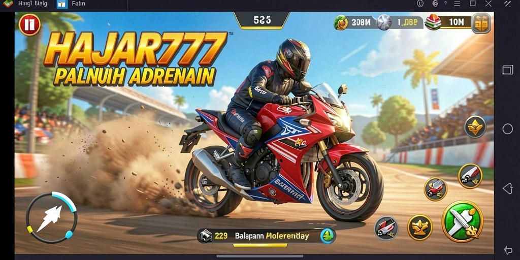 Screenshot gameplay HAJAR777 menampilkan balapan motor yang menegangkan.