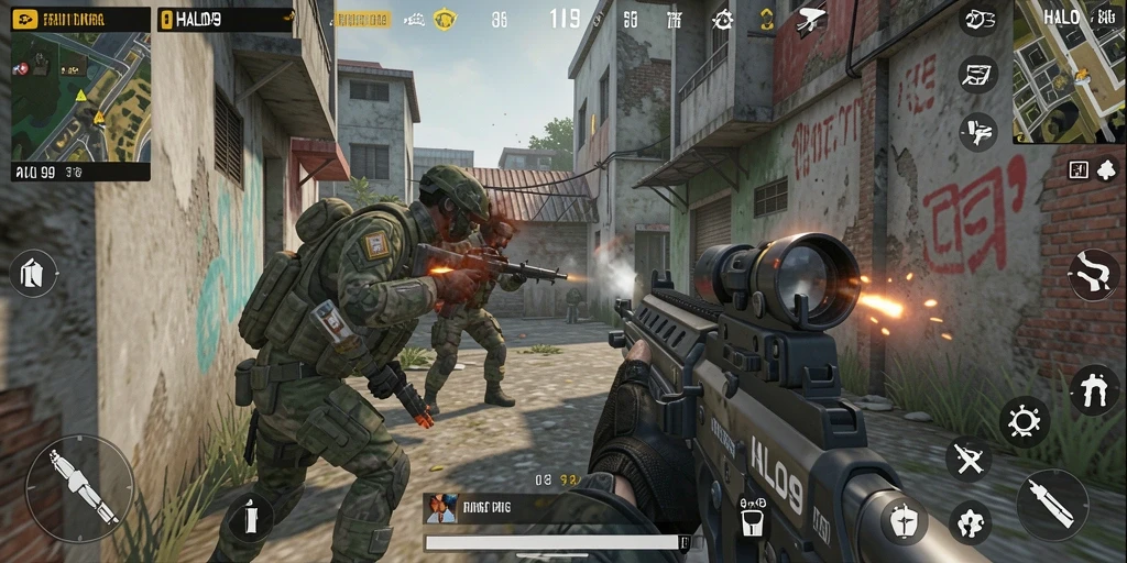 Screenshot HALO99 menunjukkan aksi pertempuran intens dalam mode FPS.