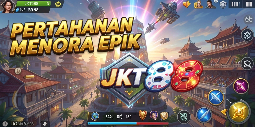 Gameplay menakjubkan JKT88 dengan menara bertahan dan musuh menyerang.