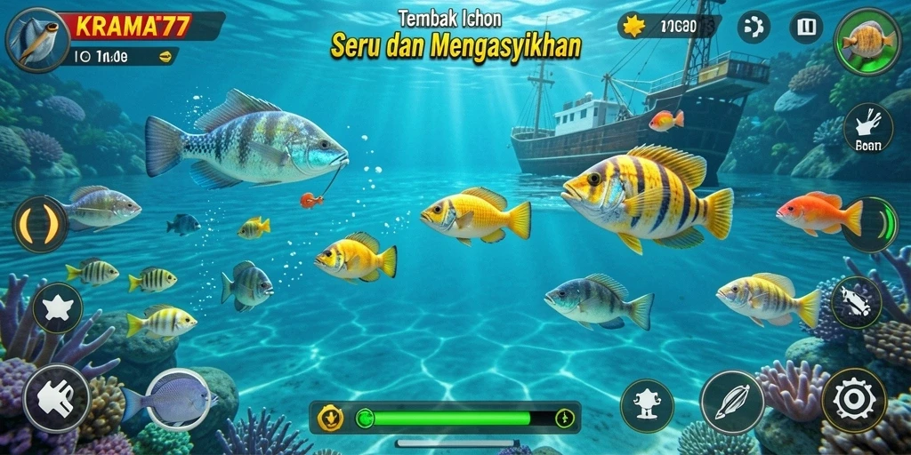 Tampilan screenshot KRAMAT77 yang menunjukkan gameplay seru saat menembak ikan.