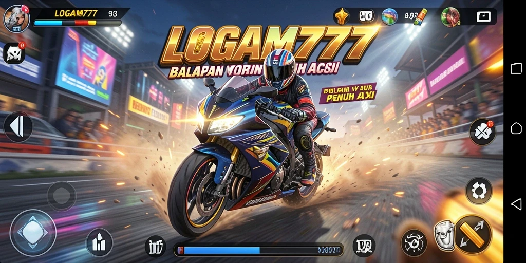Tampilan gameplay LOGAM777 dengan balapan motor yang seru.