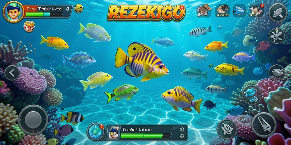 Tampilan gameplay seru di REZEKIGO dengan banyak ikan untuk ditangkap.
