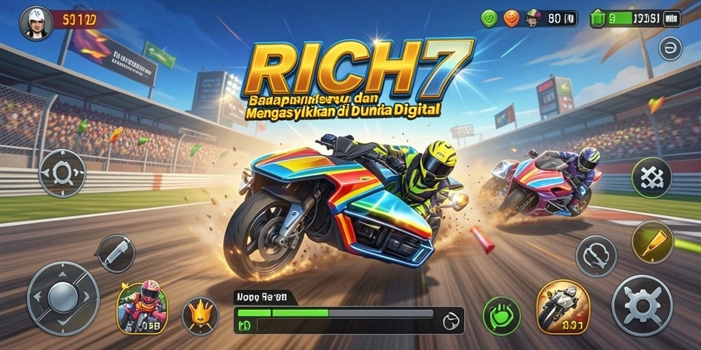 Screenshot utama RICH7 menampilkan aksi balapan mendebarkan.