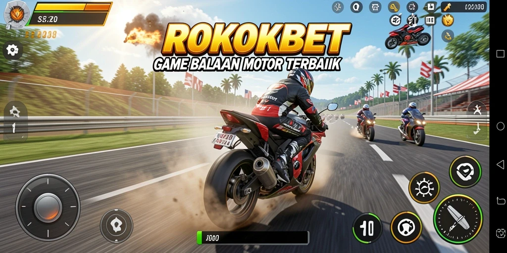 Tangkapan layar gameplay ROKOKBET menunjukkan balapan motor yang mendebarkan.