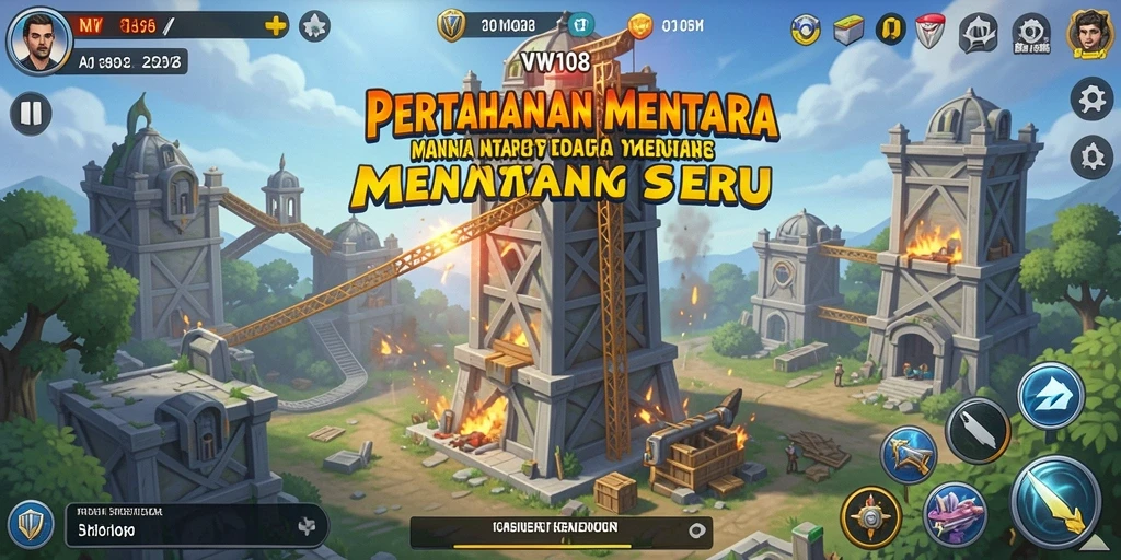 Screenshot gameplay VW108 menunjukkan menara yang siap mempertahankan wilayah dari musuh.