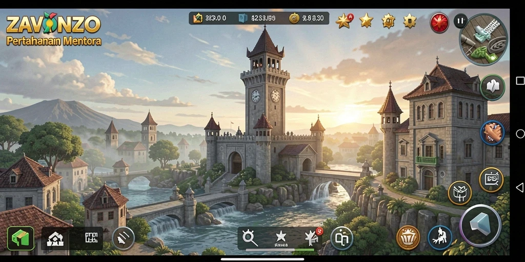 Screenshot gameplay ZAVONZO yang menunjukkan serangan menara mempertahankan basis.